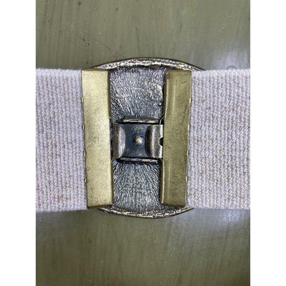 Versatile White Stretch Belt with Metallic Brass Tone Leaf Clasp Fits up to 2X - Picture 3 of 5